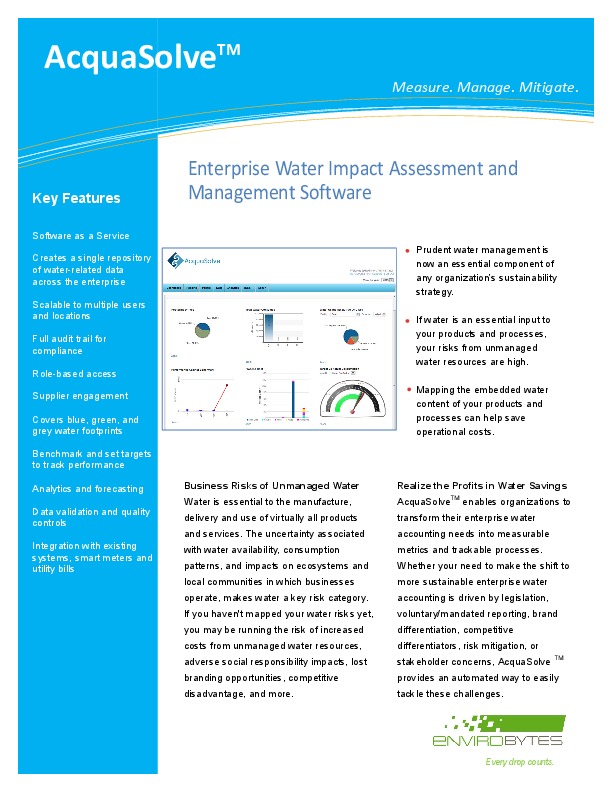 AcquaSolve automates enterprise water accounting. It converts water impacts into measurable metrics and trackable processes, making it easier fo...