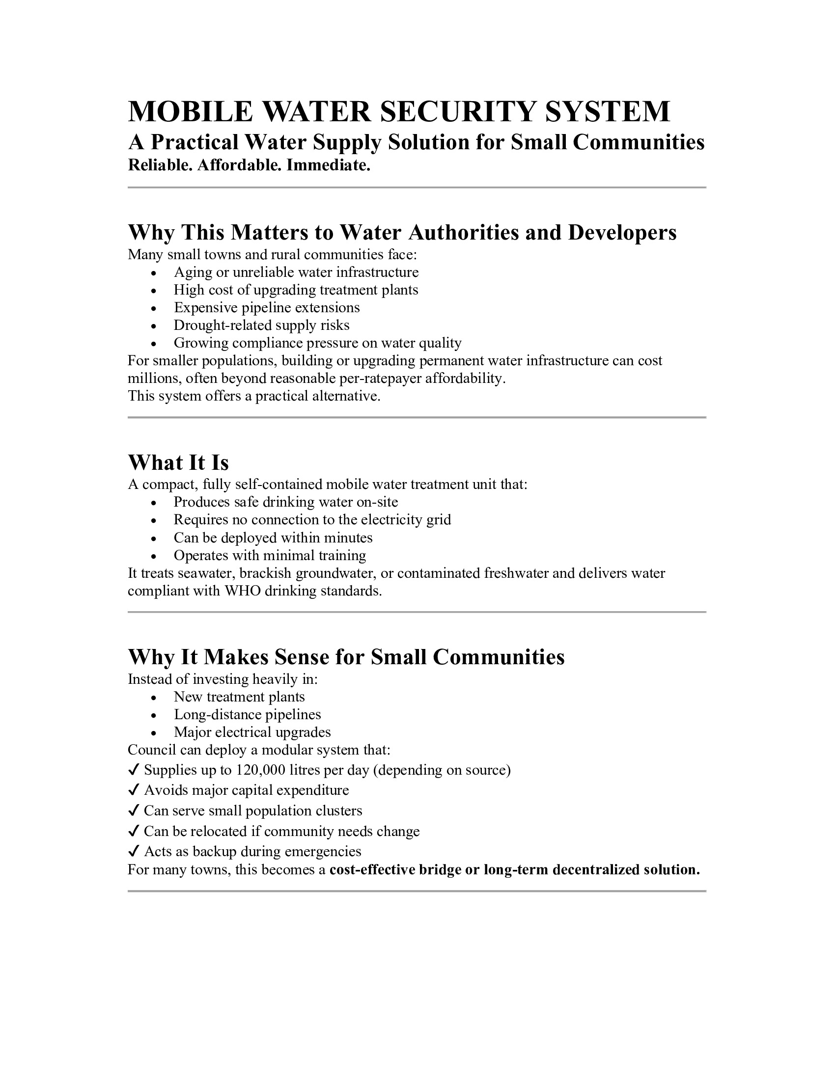 MOBILE WATER SECURITY SYSTEMA Practical Water Supply Solution for Small CommunitiesReliable. Affordable. Immediate.