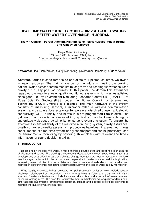 Tharwh Qotaish: Conference Paper 2022Jordan is considered to be one of the four poorest countries worldwide in water resources. The main challen...