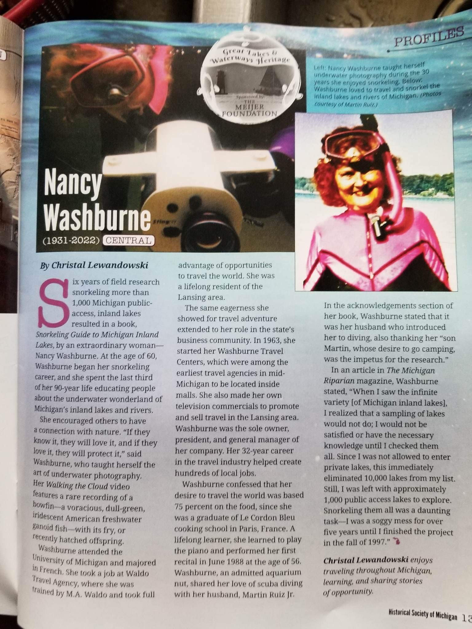 Michigan History, the magazine of the Historical Society of Michigan, is honoring the legacy of Nancy Washburne, the Pioneer of Freshwater Disco...