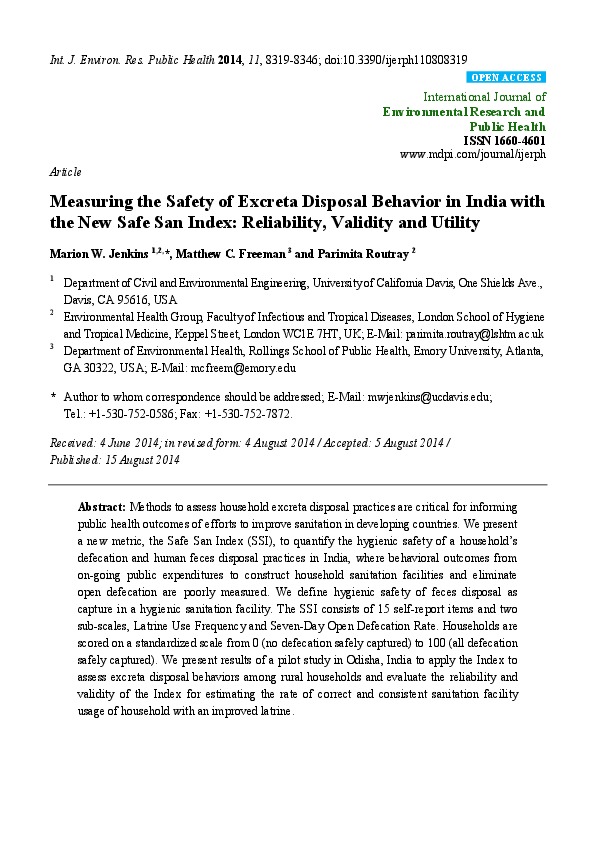 Measuring the Safety of Excreta Disposal Behavior in India with  the New Safe San Index: Reliability, Validity and Utility 