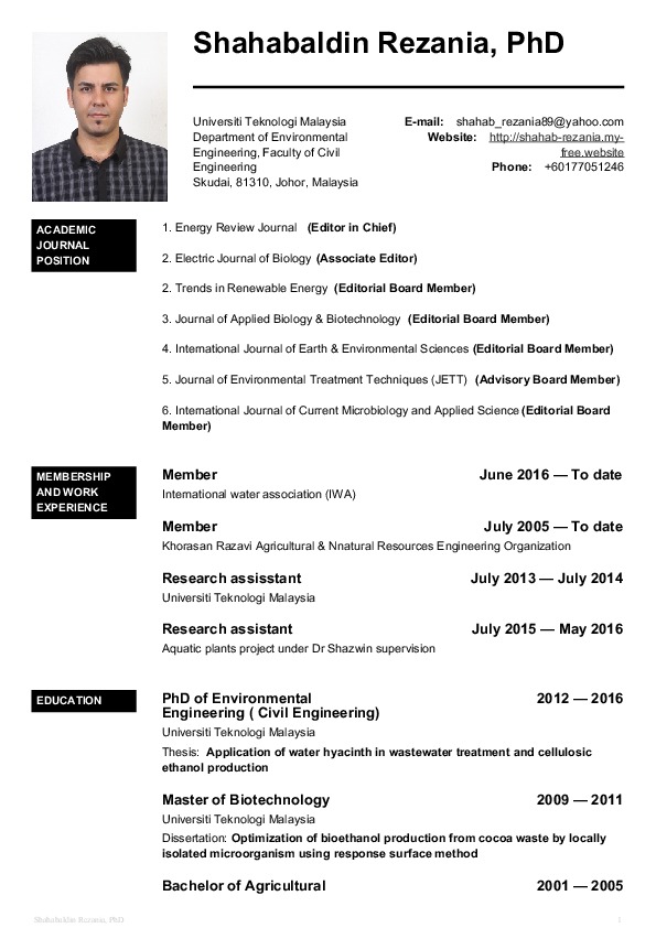 Shahabaldin Rezania, PhD in Environmental Engineering