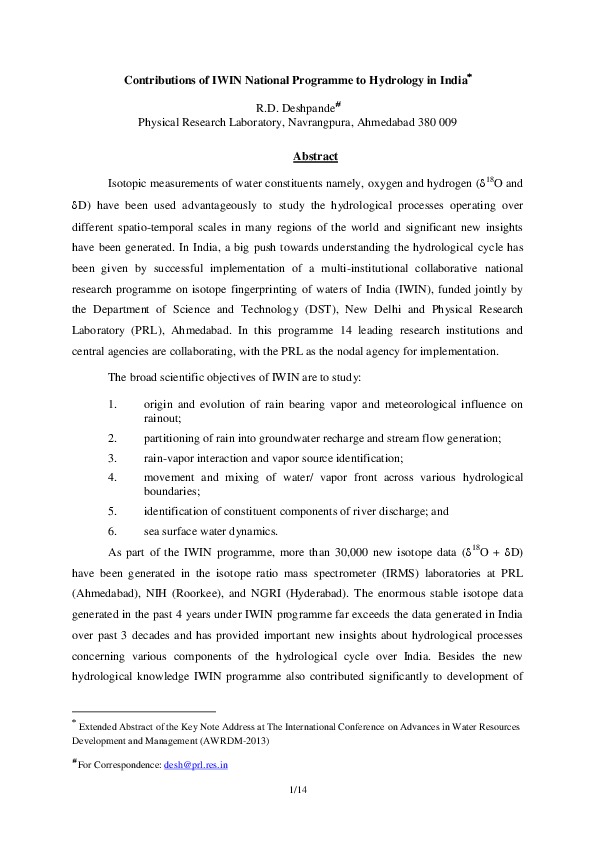 Contributions of IWIN National Programme to Hydrology in India