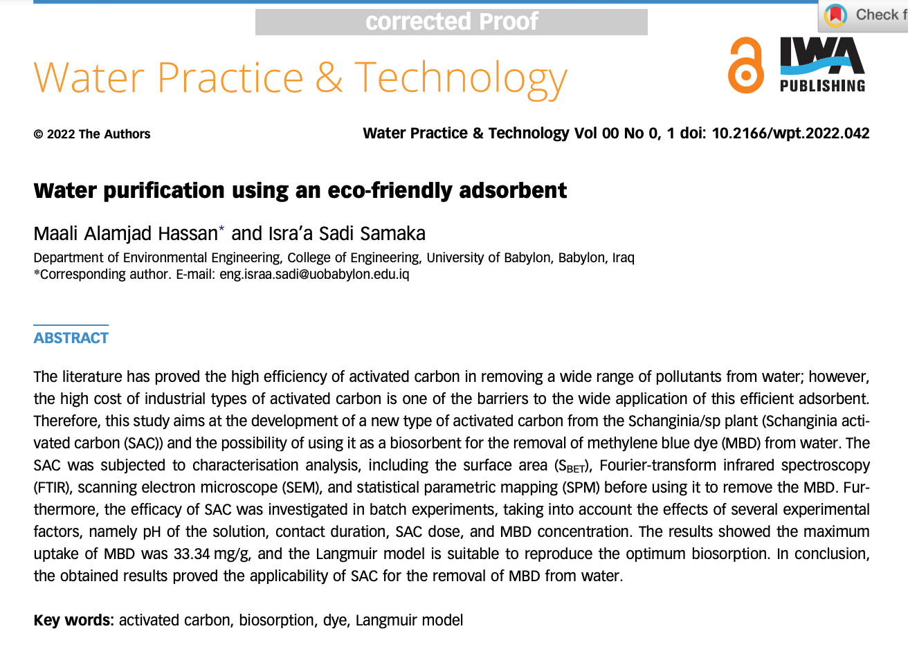 Water purification using an eco-friendly adsorbent