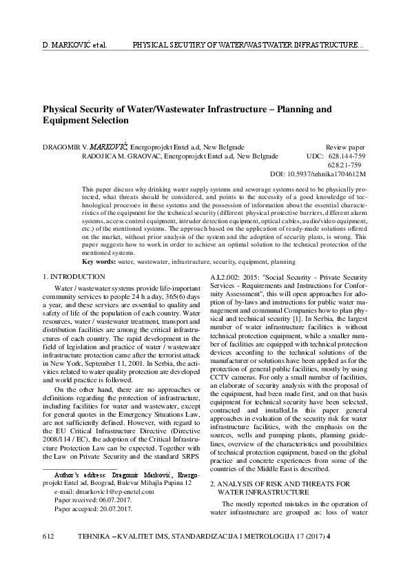 Physical Security of Water-Wastewater Infrastructure – Planning and Equipment Selection