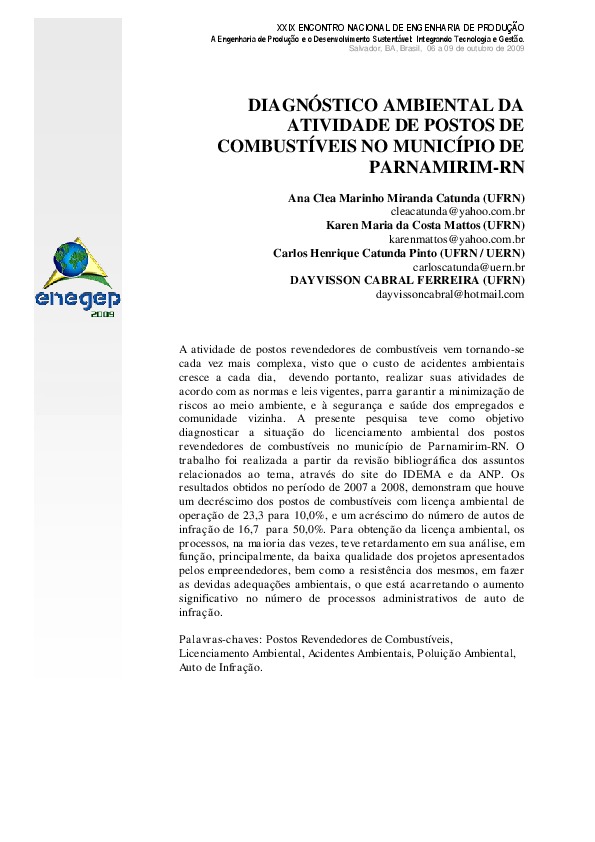 DIAGNÓSTICO AMBIENTAL DA ATIVIDADE DE POSTOS DE COMBUSTÍVEIS NO MUNICÍPIO DE PARNAMIRIM-RN