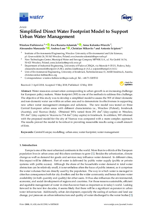 Simplified Direct Water Footprint Model to Support Urban Water Management