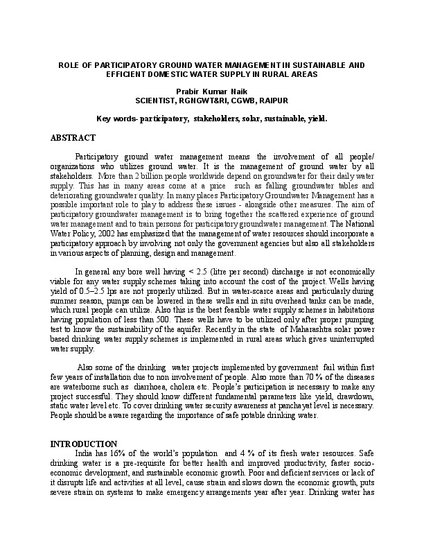 ROLE OF PARTICIPATORY GROUND WATER MANAGEMENT IN SUSTAINABLE AND EFFICIENT DOMESTIC WATER SUPPLY IN RURAL AREAS