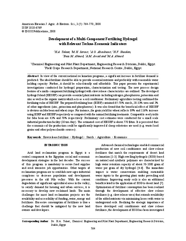 Development of a Multi-Component Fertilizing Hydrogel with Relevant Techno-Economic Indicators