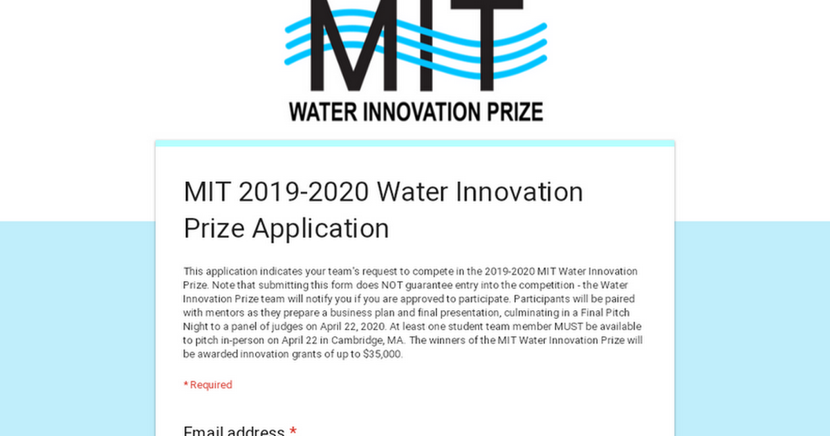 MIT Water Innovation Prize &ndash; Last call for applications!Have a big idea related to water? Apply for the 2020 MIT Water Innovation Prize! The M...