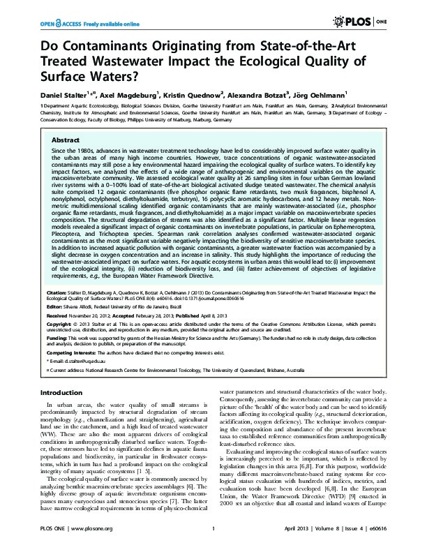 Do Contaminants of State-of-the-Art Treated Wastewater Impact Ecological Quality of Surface Waters?