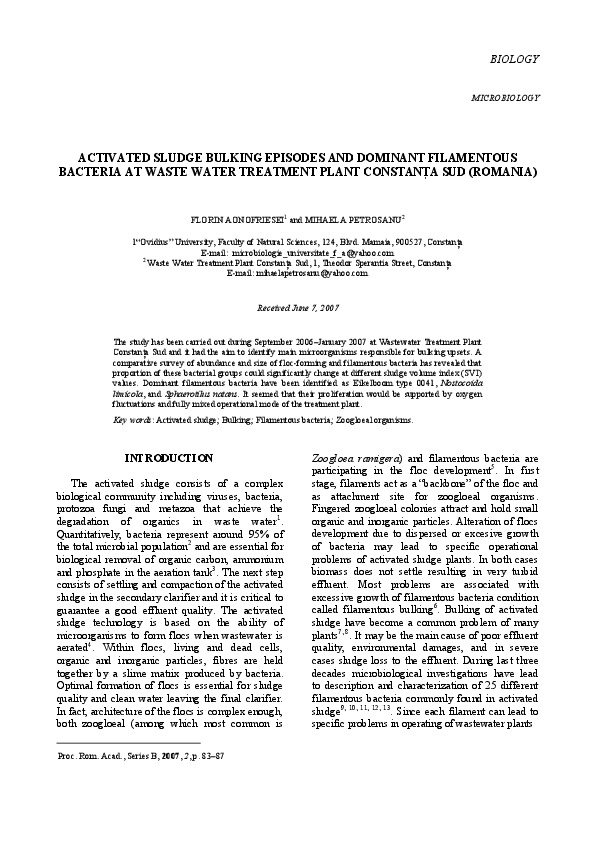 Activated Sludge Bulking Episodes and Dominant Filamentous Bacteria at Waste Water Treatment Plant