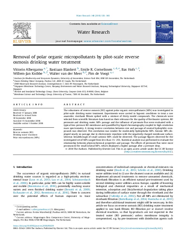 Removal of Polar Organic Micropollutants by Pilot-scale Reverse Osmosis Drinking Water Treatment