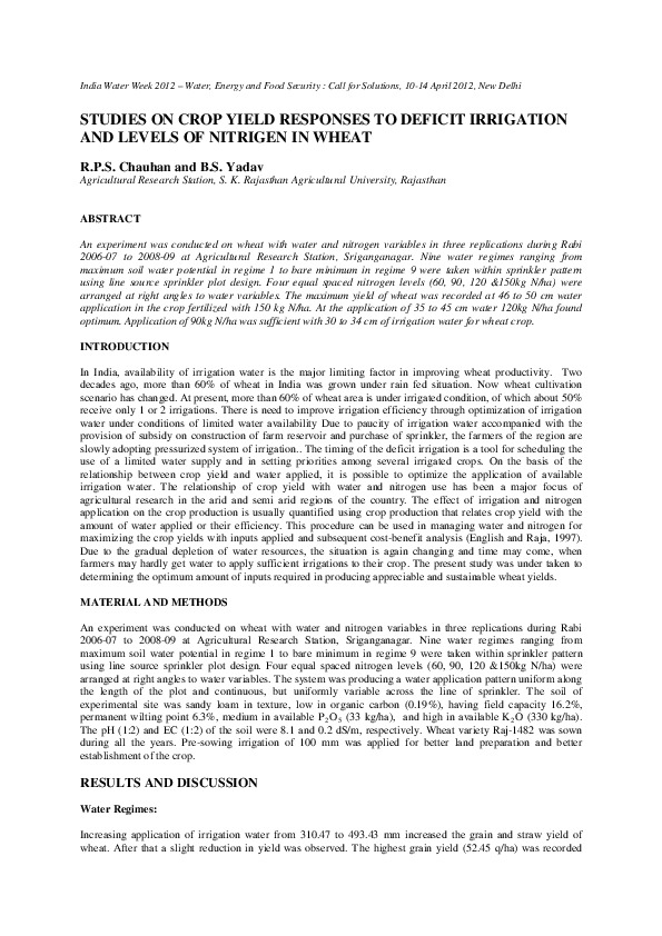 Studies on Crop Yield Responses to Deficit Irrigation and Levels of Nitrigen in Wheat