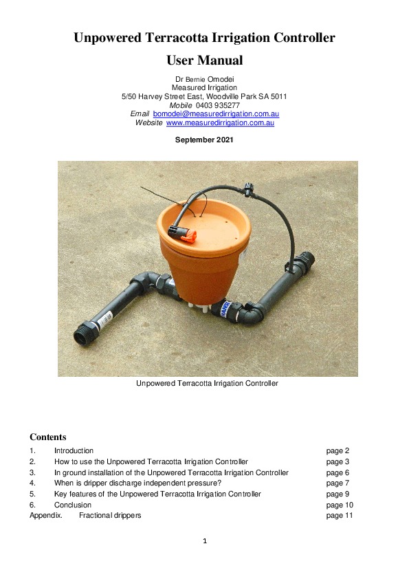 Unpowered Terracotta Irrigation Controller User Manual Sept