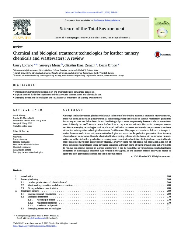 Chemical and biological treatment technologies for leather tannery chemicals and wastewaters: A review