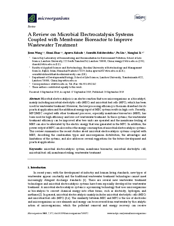 Review on Microbial Electrocatalysis Systems Coupled with MBR to Improve Wastewater Treatment