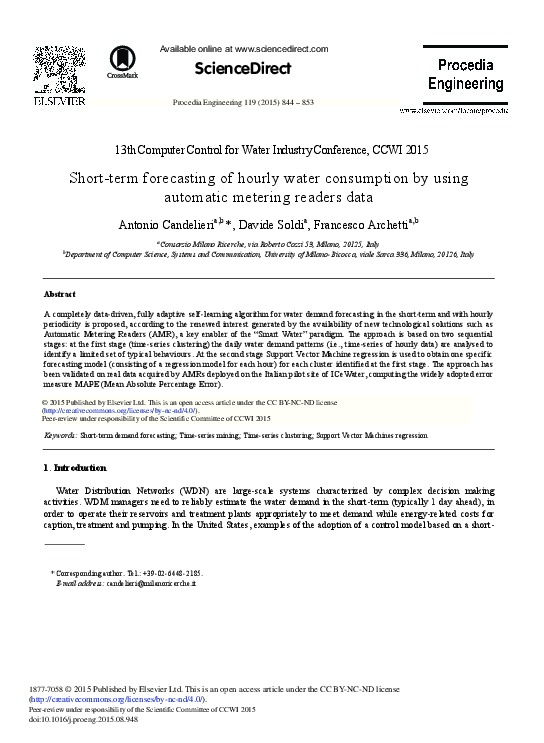 Short-term forecasting of hourly water consumption by using automatic metering readers data