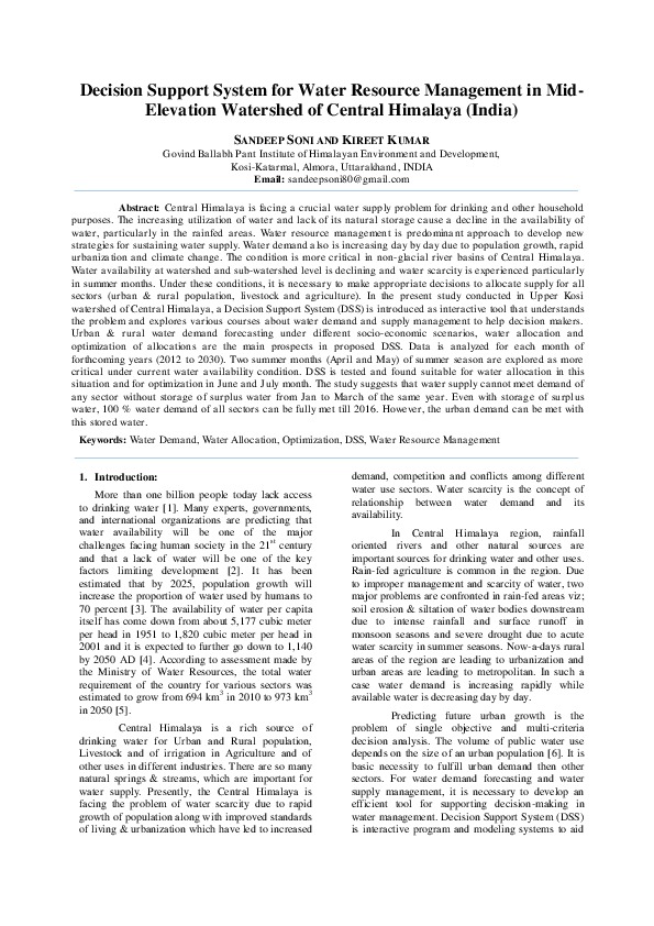 Decision Support System for Water Resource Management in Mid-Elevation Watershed of Central Himalaya (India)