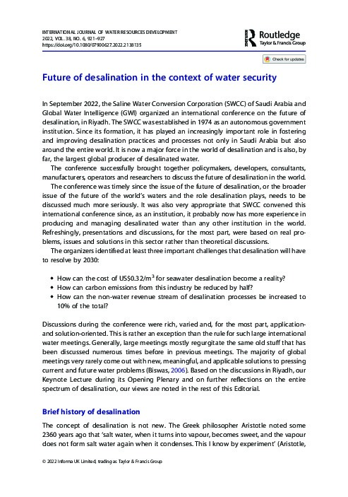 Future of Desalination in the Context of Water Security