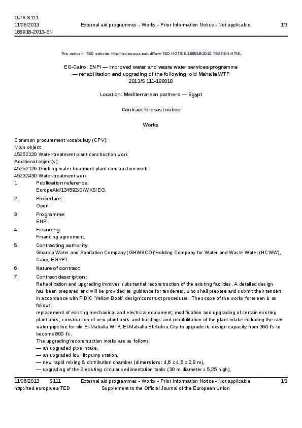 Forecast Tender EG-Cairo: ENPI — Improved water and waste water services programme— rehabilitation and upgrading of the following: old Mahalla WTP, Egypt