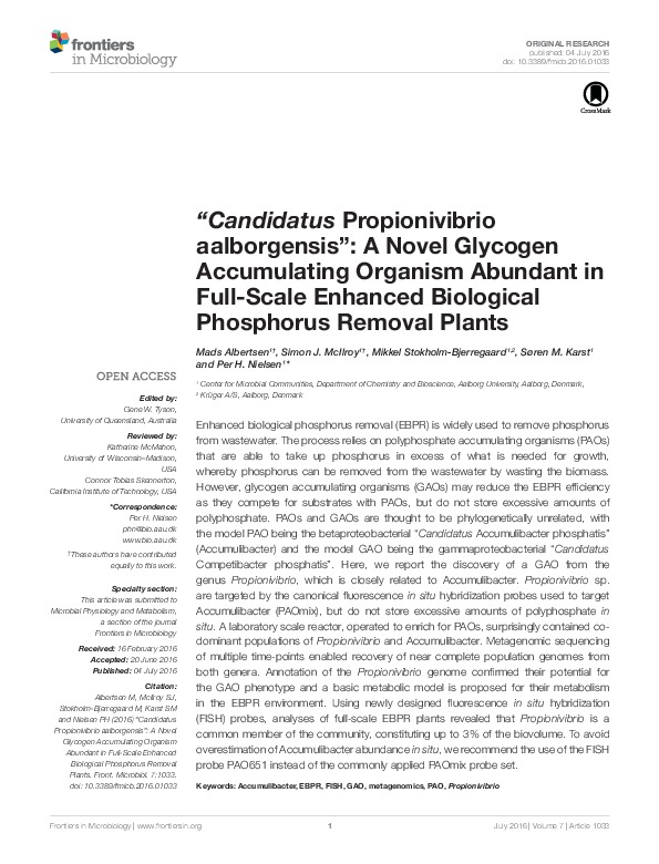 A Novel Glycogen Accumulating Organism Abundant in Enhanced Biological Phosphorus Removal Plants