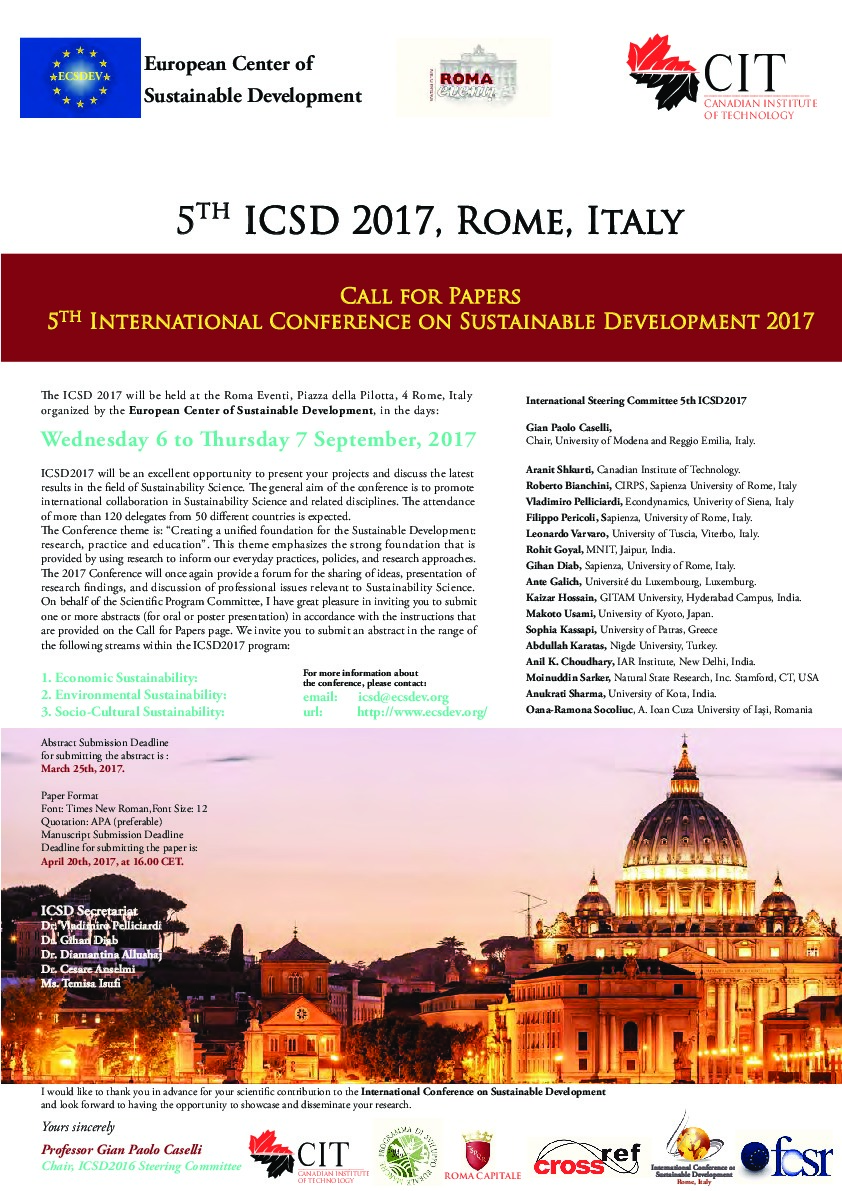 ICSD 2017: 5th International Conference on Sustainable Development, 6 - 7 September 2017 Rome, Italy European Center of Sustainable Development ...