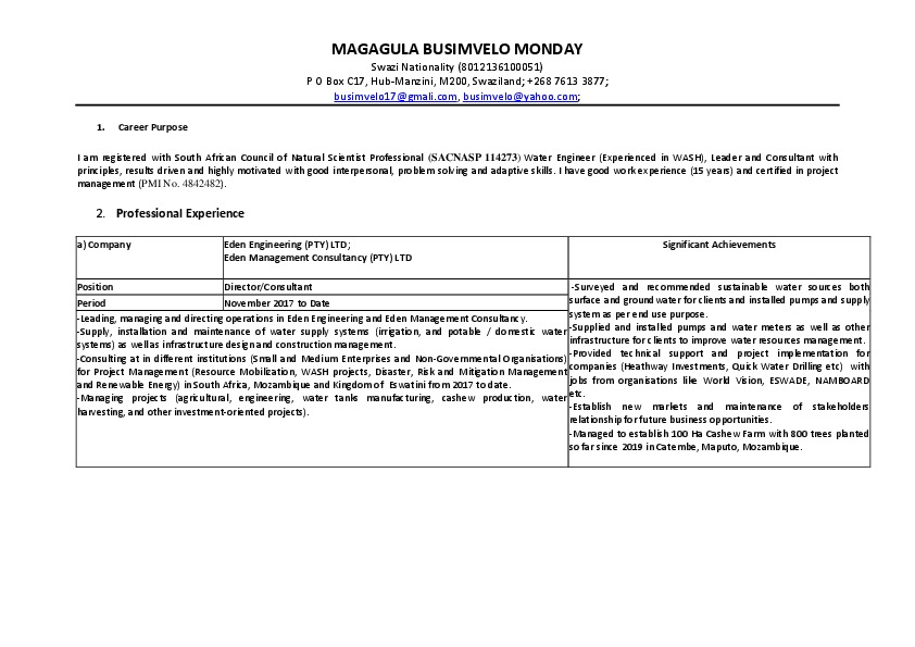 Busimvelo Monday Magagula, Consultant at Eden Engineering