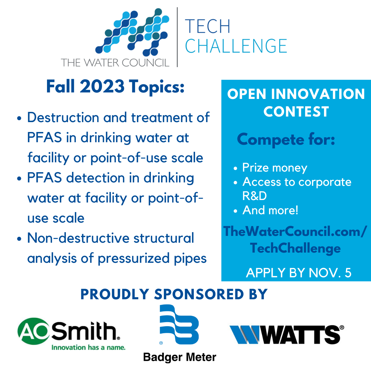 One week remaining to submit your solutions for our Tech Challenge topics! Learn more or apply by November 5th! https://thewatercouncil.com/open...