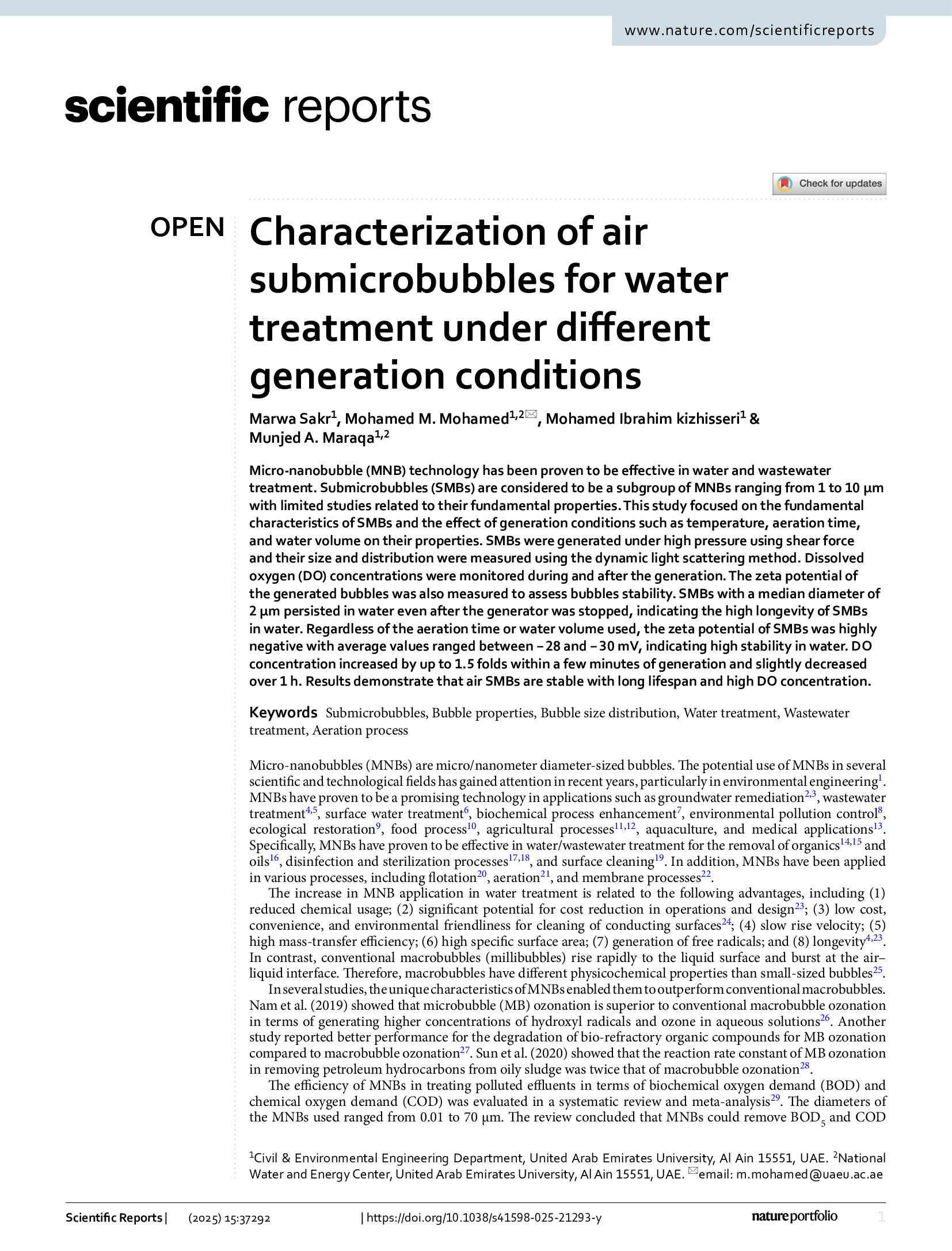 Characterization of air submicrobubbles for water treatment under different generation conditions - Scientific ReportsAbstractMicro-nanobubble (...