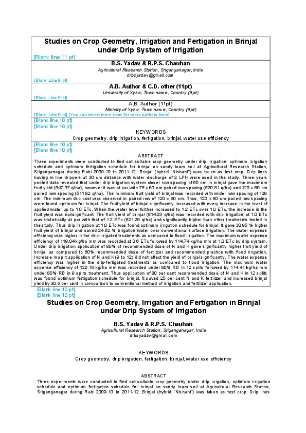 Studies on Crop Geometry, Irrigation and Fertigation in Brinjal under Drip System of Irrigation