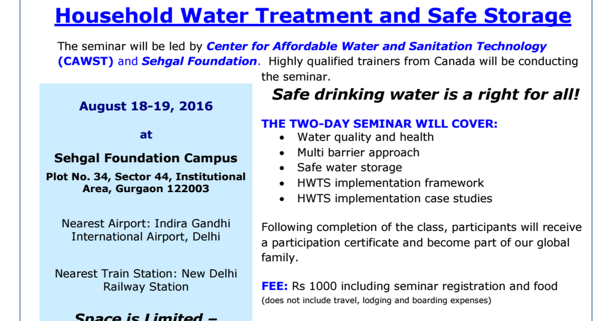 Seminar on Household Water Treatment and Safe Storage at S M Sehgal Foundation, Gurgaon, India