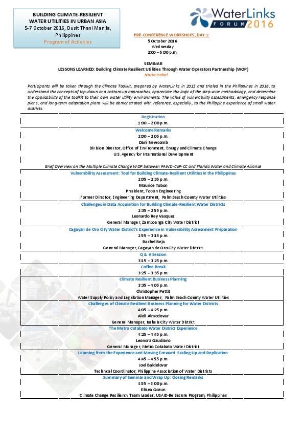 THE WATERLINKS FORUM: BUILDING CLIMATE-RESILIENT UTILITIES IN URBAN ASIA, October 5-7, 2016, Manila, Philippines Mr. Ek Sonn Chan is the present...