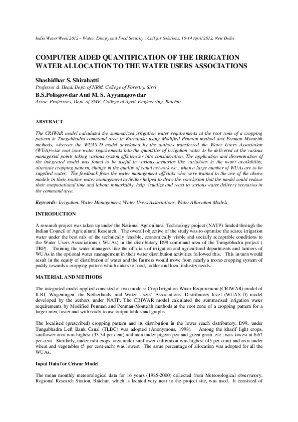 Computer Aided Quantification of the Irrigation Water Allocation to the Water Users Associations