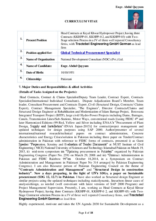 Abdul Qayyum, III.	Team Leader/Contract Expert at Project Manager SINOHYDRO Corporation Limited (The   Contractor)Project Manager SINOHYDRO Corporation Limited (The   Contractor)