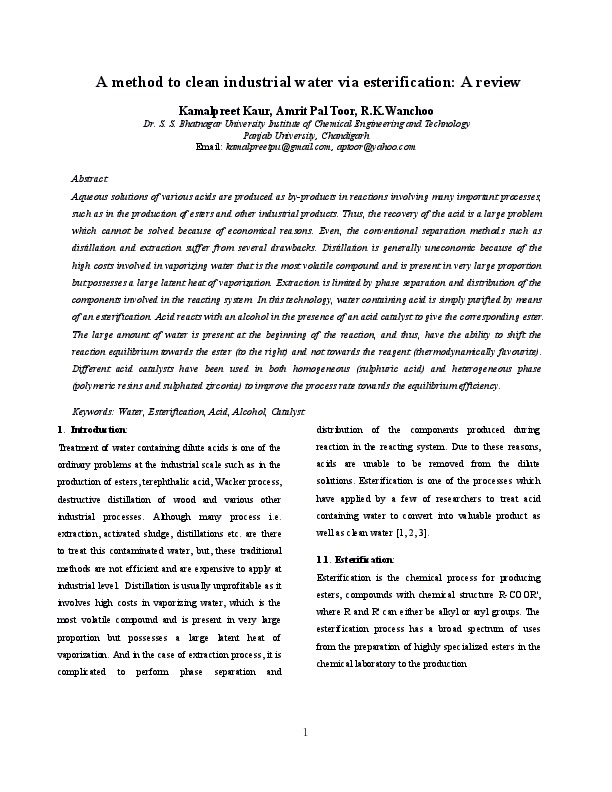 A method to clean industrial water via esterification: A review