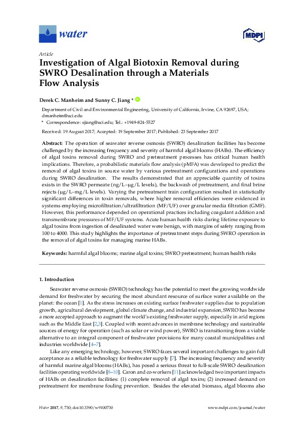 Investigation of Algal Biotoxin Removal During SWRO Desalination Through a Materials Flow Analysis