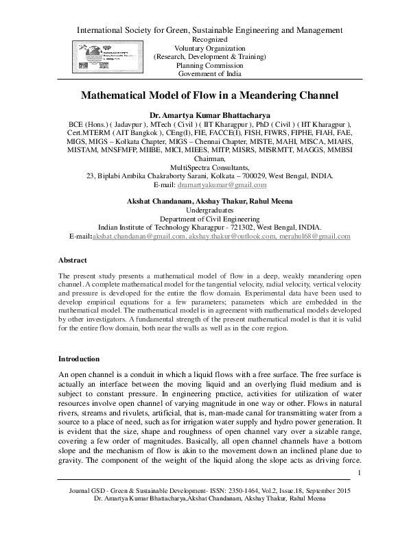 Mathematical Model of Flow in a Meandering Channel