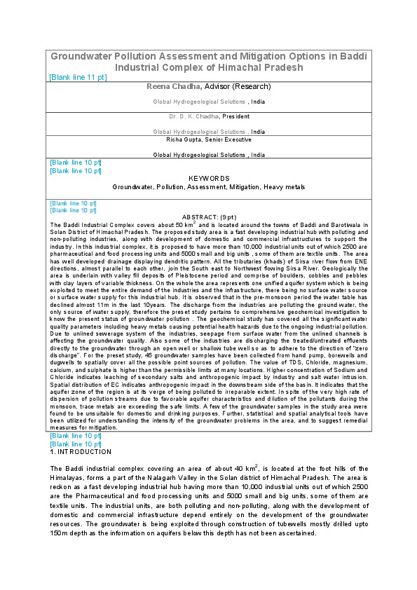 Groundwater Pollution Assessment and Mitigation Options in Baddi Industrial Complex of Himachal Pradesh