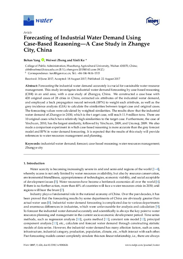 Forecasting of Industrial Water Demand Using Case-Based Reasoning