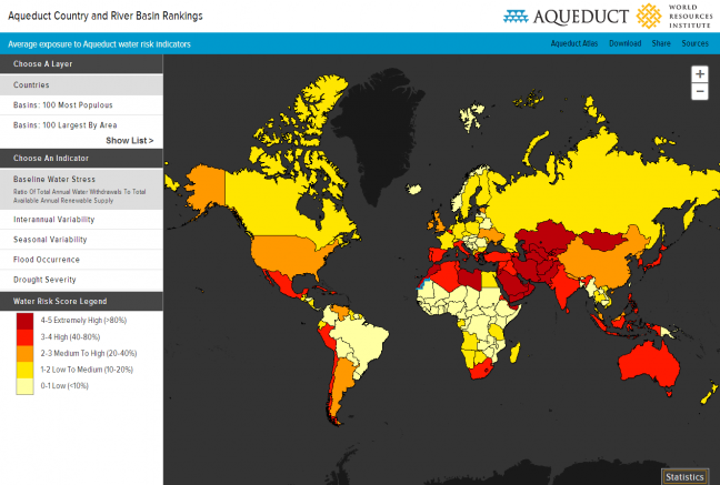 Interactive map showing water risks by country and river basin created by World Resource Institute http://www.wri.org/applications/maps/aqueduct...