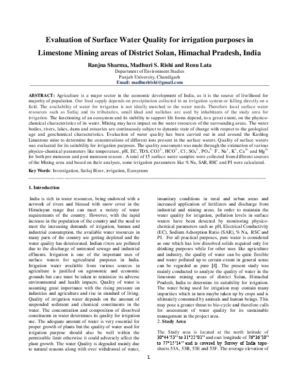 Evaluation of Surface Water Quality for irrigation purposes in Limestone Mining areas of District Solan, Himachal Pradesh, India