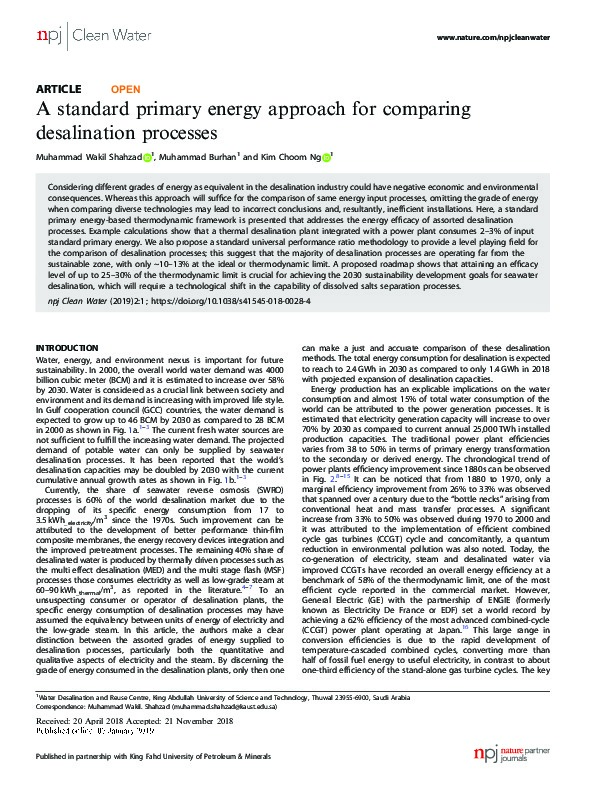 A Standard Primary Energy Approach for Comparing Desalination Processes