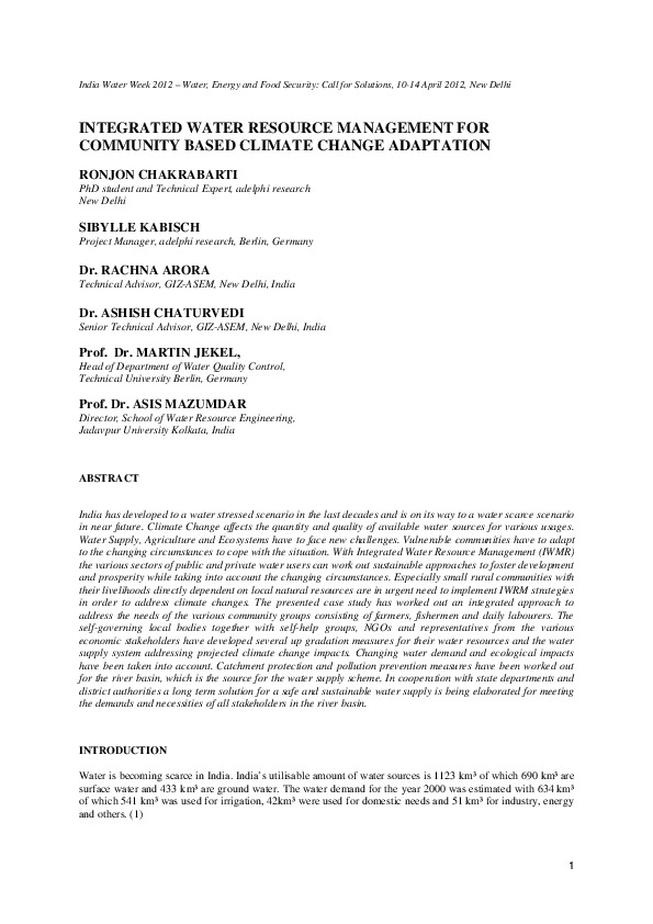 Integrated Water Resource Management for Community Based Climate Change Adaptation