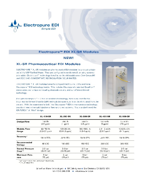 XL-SR: Sanitary EDI for Pharmaceutical Purified Water or WFI
