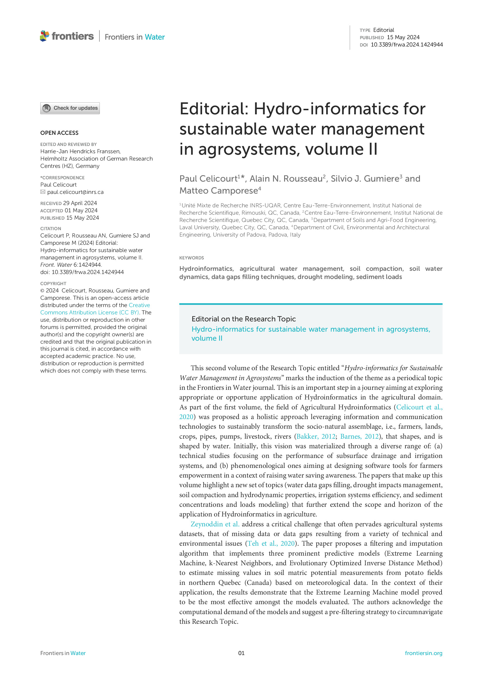 Hydro-informatics for sustainable water management in agrosystems, volume II