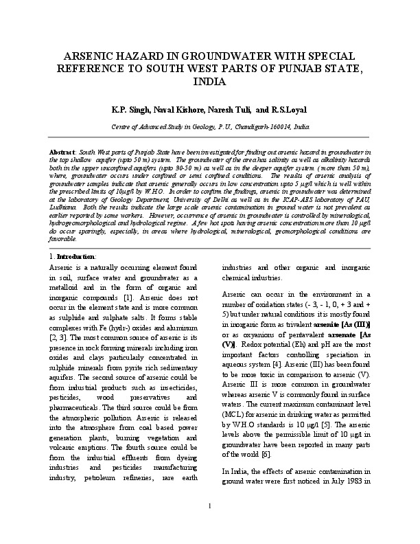 ARSENIC HAZARD IN GROUNDWATER WITH SPECIAL REFERENCE TO SOUTH WEST PARTS OF PUNJAB STATE, INDIA