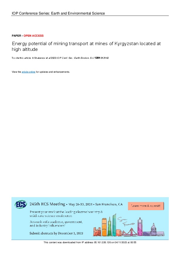 Energy potential of mining transport at mines of Kyrgyzstan located at high altitude - IOPscience