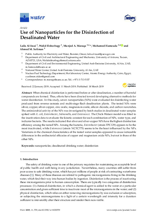 Use of Nanoparticles for the Disinfection of Desalinated Water
