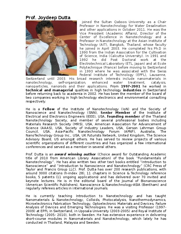 Joydeep Dutta, Sultan Qaboos University - Chair in Nanotechnology for Water Desalination and other applications